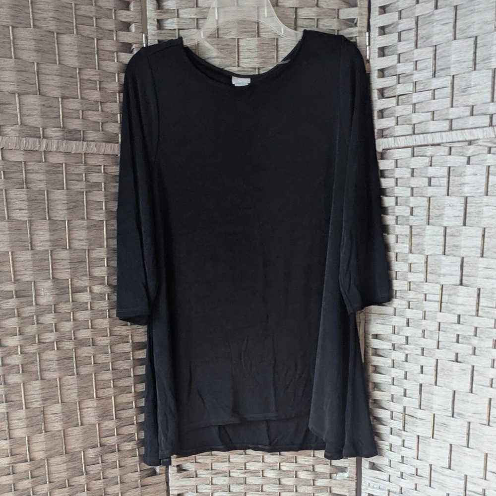 Chicos Travelers Tunic Black 3/4 Sleeve Scoop Neck Sz 2 L 12/14 Minimalist
